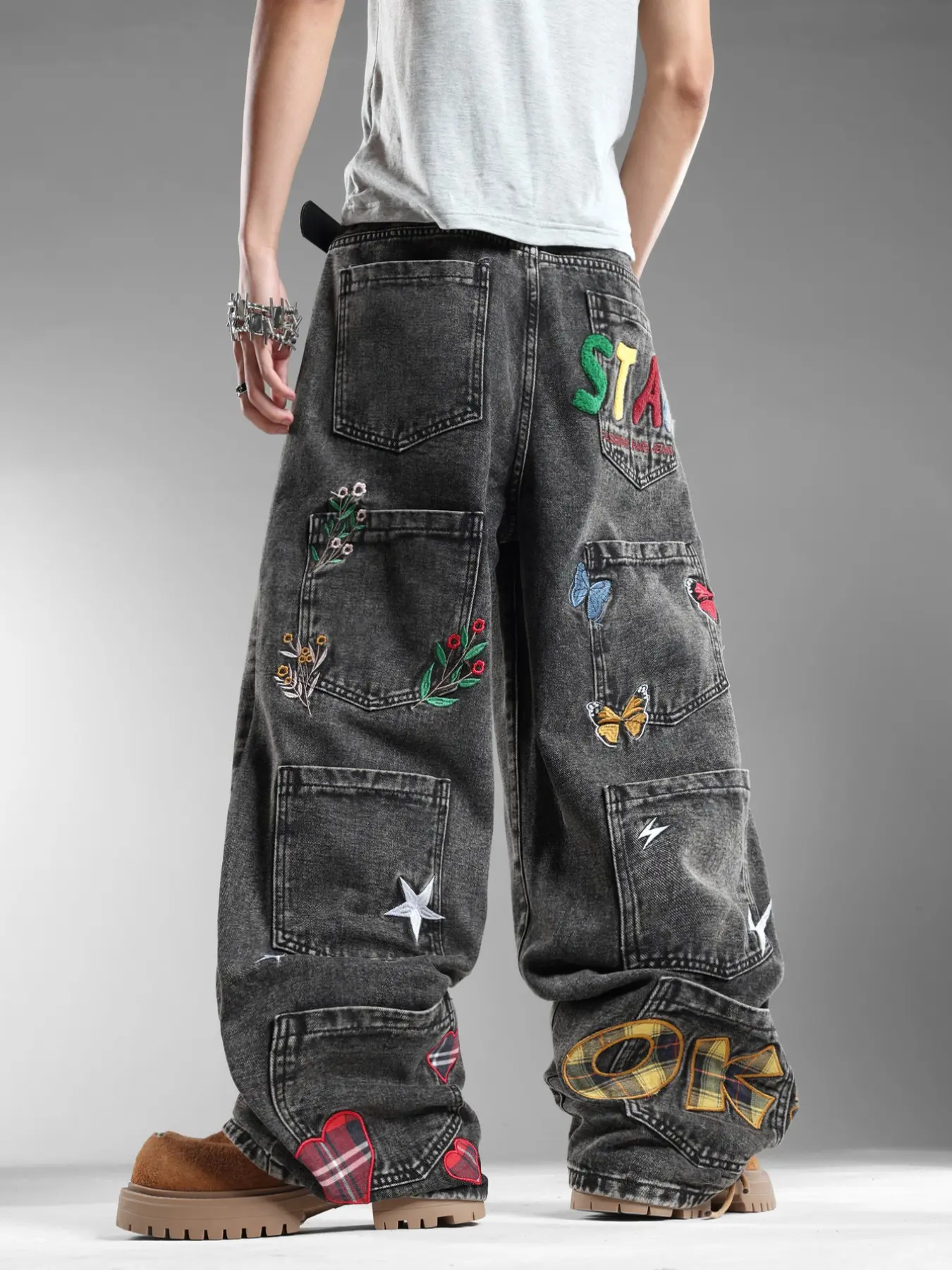 Men's Denim Jeans, Fun Colorful Embroidered Wide Leg Pants, Heart Star Butterfly Design, Vintage Distressed Hip Hop Loose Long Pants, All Seasons