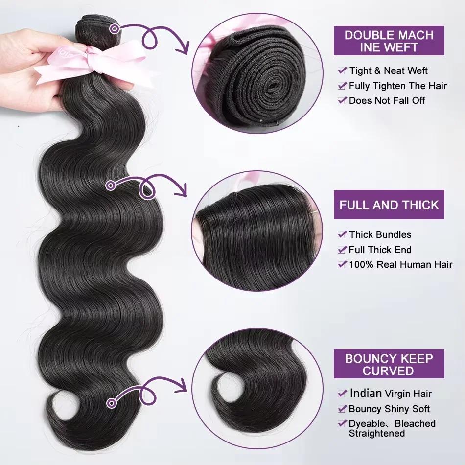 30 34 Inch Body Wave Raw 1 3 4 Bundles Indian 100% Unprocessed Human Hair Wavys Double Drawn Virgin Bundles Weave Extensions