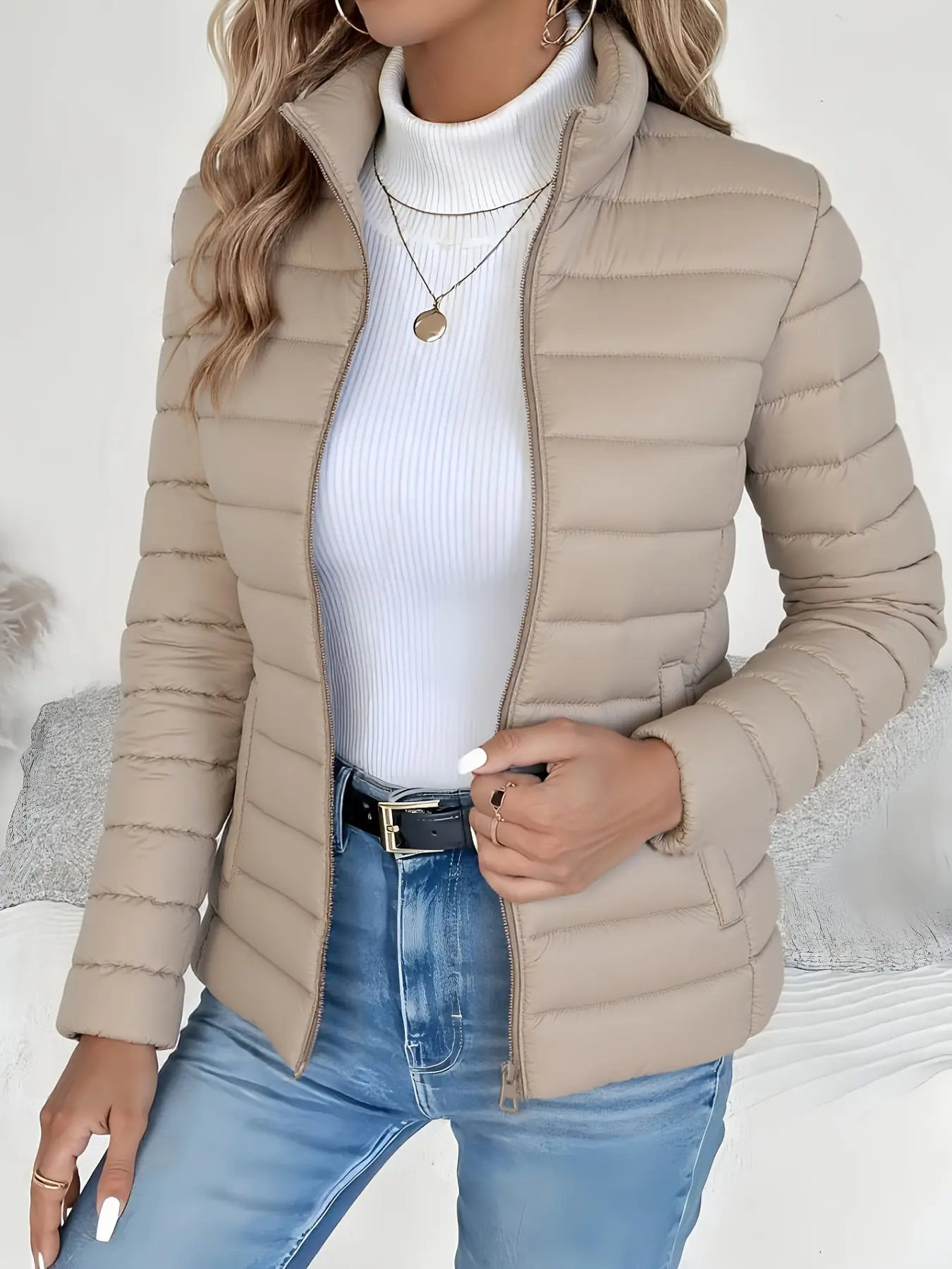 Women's Winter Stand Collar Lightweight Jacket, Comfortable Warm Casual Short Zipper Coat, Essential for Professional Women, Perfect for Christmas