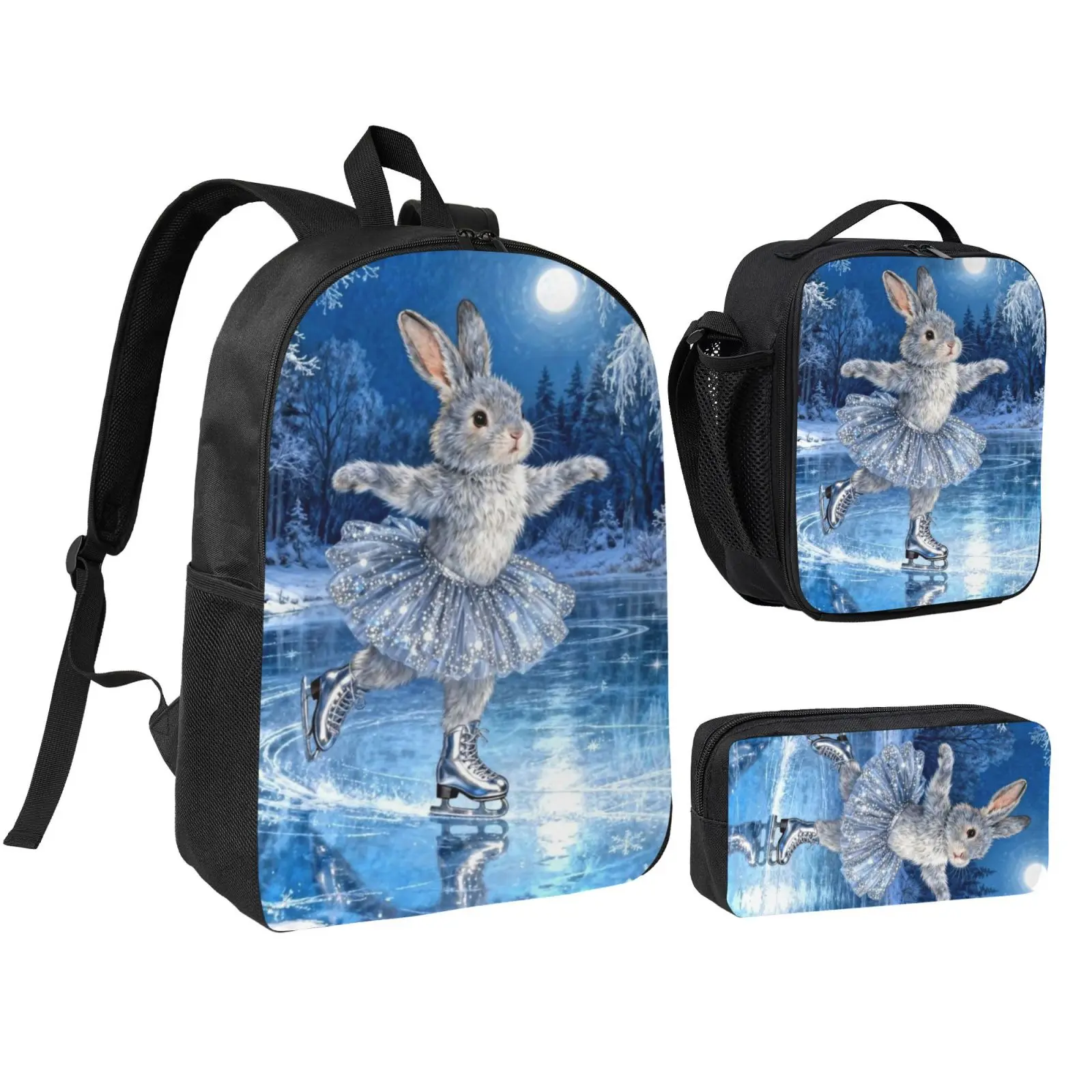Anime Rink Rabbit Skating Kids 3Pcs Multipurpose Teen Backpack Set with Adjustable Shoulder Straps, School Bookbag, Insulated Lunch Box & Pencil Bag for Boys Girls Daily School Travel Office