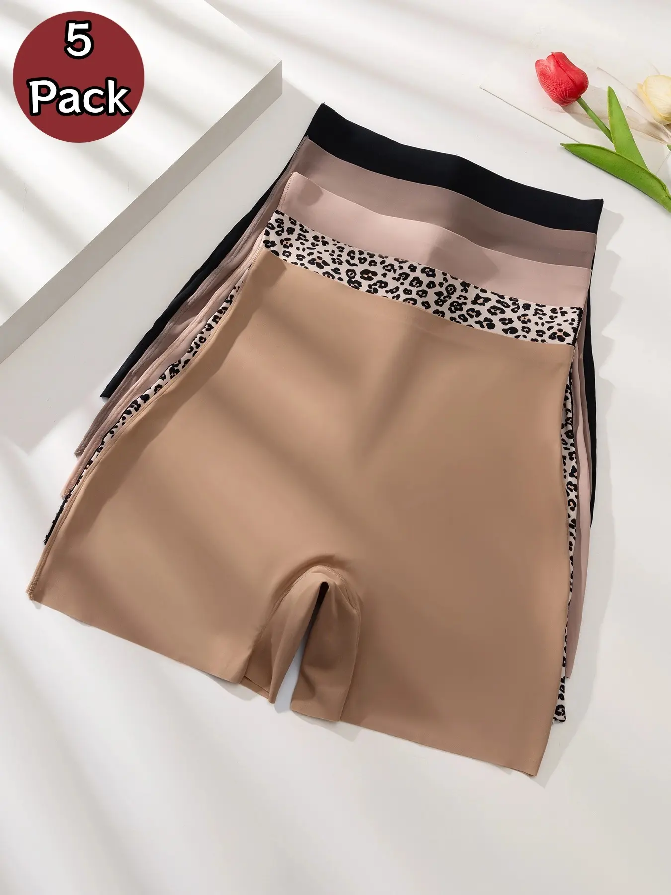 Leopard Print High-Waist Shapewear Underwear Pants, Comfortable Soft Waist Cincher for All Seasons, Yoga Safety Bottoms, 5-Pack