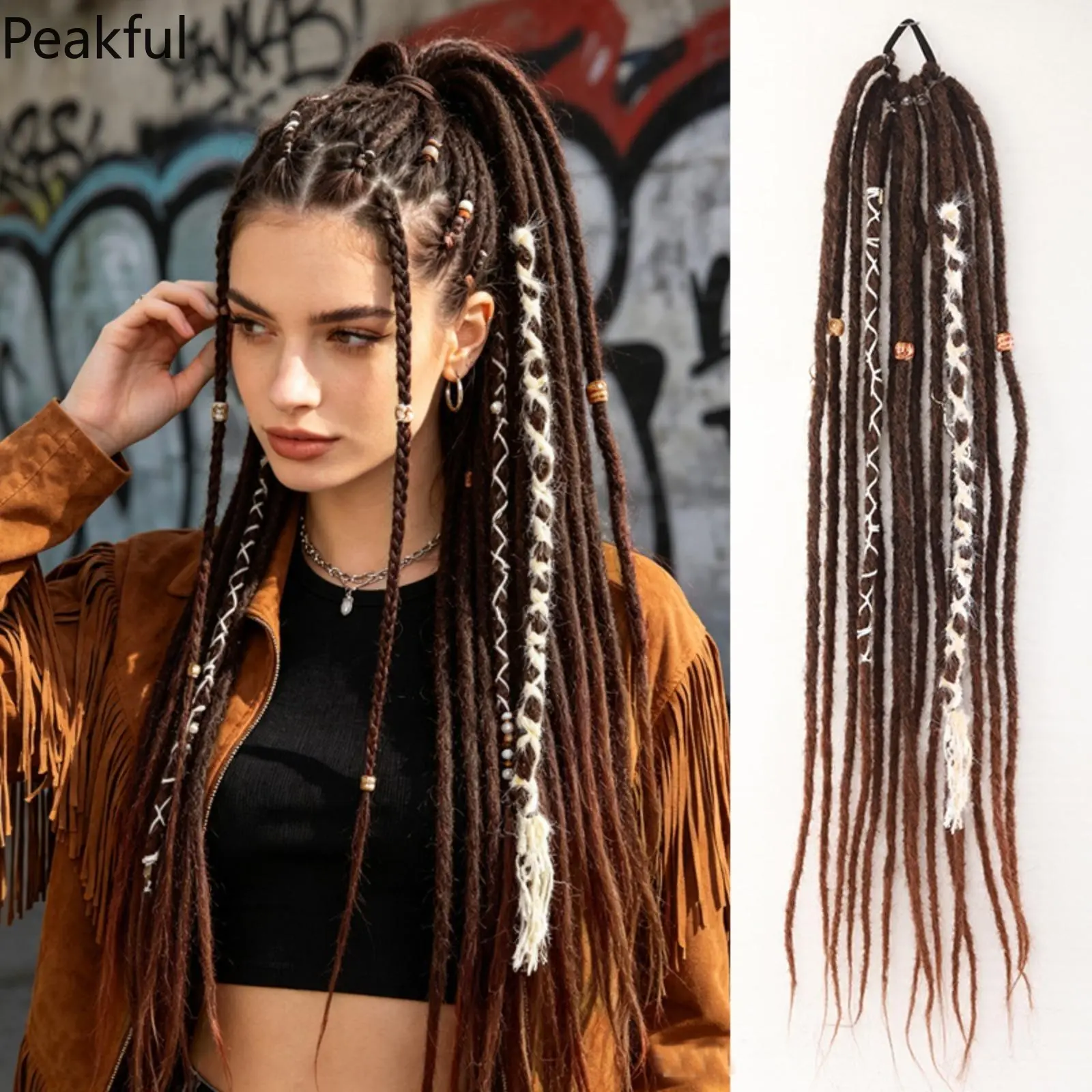 Desert Boho Reggae Locs Hairpieces Y2K Dreadlock Ponytail Extension Cute Beads Thread Accents Retro Hippie Braid Accessories Rave Festival Styling