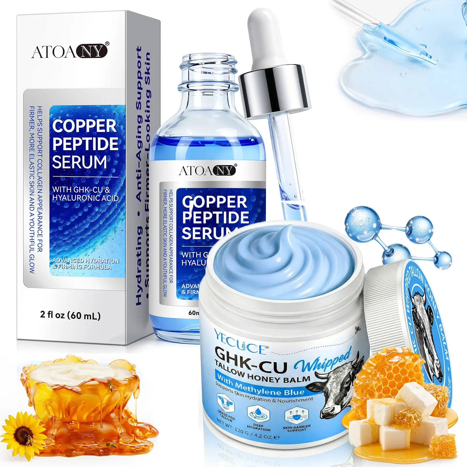 GHK-Cu Copper Peptide Repair Set – Tallow Balm 120g + Copper Peptide Serum 60ml. GHK-Cu + Grass-Fed Tallow + Honey. Helps Nourish, Firm, and Smooth Fine Lines. Suitable for Face and Body – All Skin Types. for Dry and Sensitive Skin