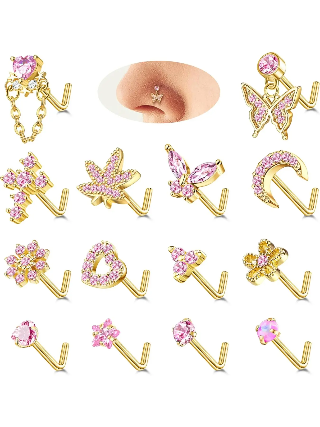 Gold Silver Nose Rings Nose Studs for Women Nose Piercings 20G L Shaped Corkscrew Dangle Nose Rings Studs Simulated Diamond Pink CZ Opal Dangling Dangly Hanging Nose Piercing Jewelry with Heart Star Butterfly Flower Cross Moon Charm Cute Dainty Nose