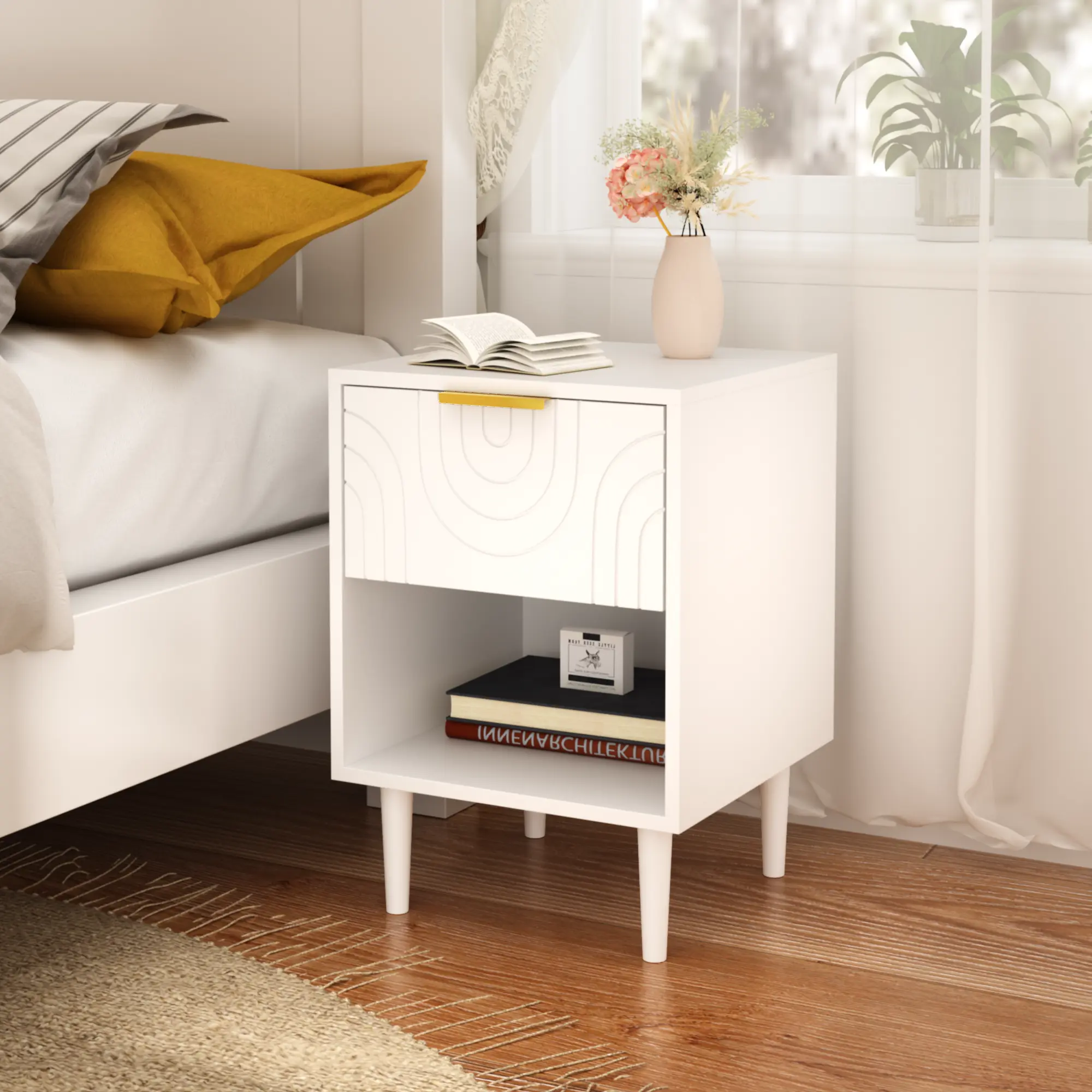 ARCH Modern White Nightstand with 1 Drawer and Open Shelf, 22.83 Inch Height, MDF Wood Bedside Table with Gold Accent Handle, Compact End Table for Bedroom, Living Room, Guest Room, Nightstand for Small Space, Easy Assembly, White Color Options