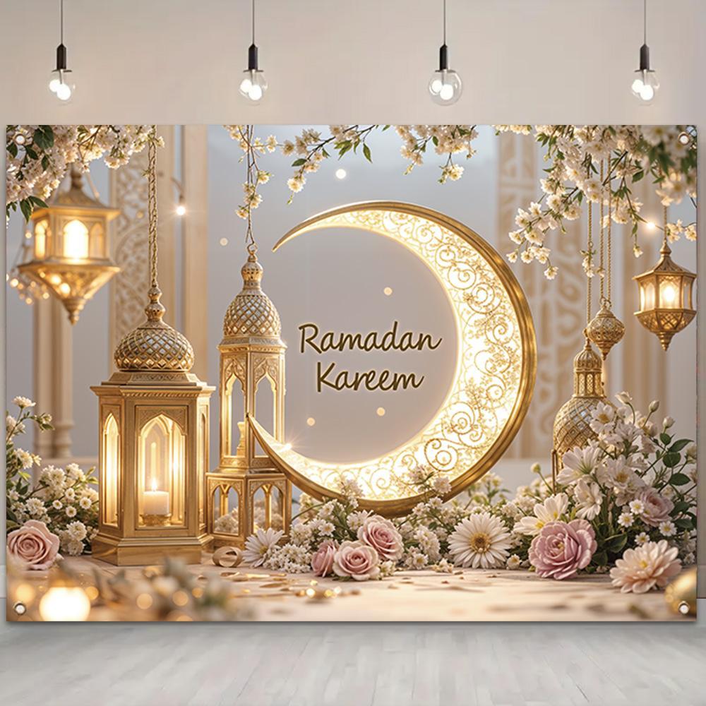 Ramadan Theme Backdrop, 1-Count Elegant Moon & Lantern Pattern Wall Hanging Backdrop, Party Flowers Decoration for Home Living Room and Bedroom