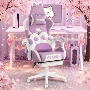 Cute Cat Ear Gaming Chair with Cat Paw Lumbar Support, Ergonomic Reclining PC Chair, Adjustable Headrest & Footrest, Halloween Room Decor