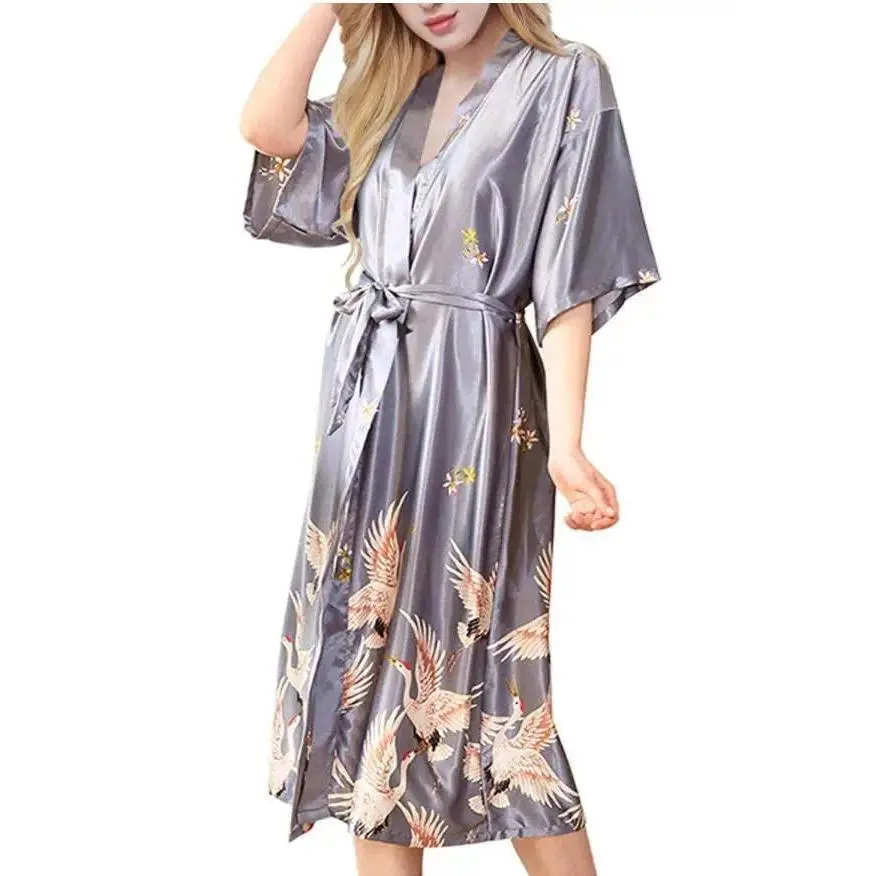 Gray satin Long Bathrobe Women Wedding Bride Bridesmaid Robe Nightgown Sleepwear Print Crane Kimono Size S M L XL XXL XXXL