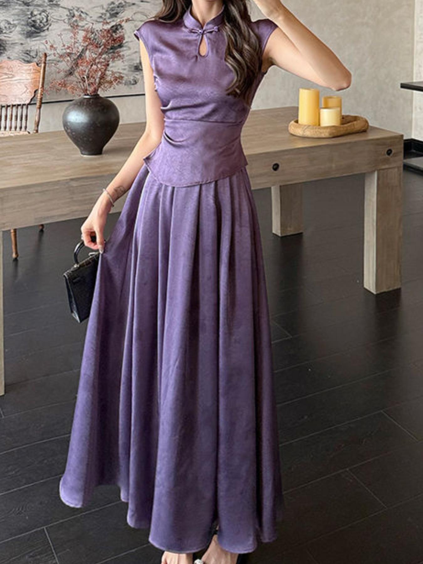 SYHAN 2026 Latest Summer Women's Purple Modified Cheongsam Collar Top and Skirt Two-Piece Set- Elegant Daily Casual Suit with New Chinese Style Design