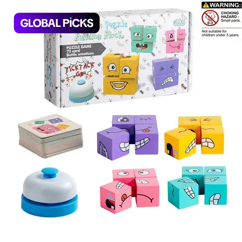 Wooden Expression-Changing Block Stacking Toy with Bell & Cards, Multiplayer Competitive Family Fun Game, Block Tower Game #GLOBAL PICKS
