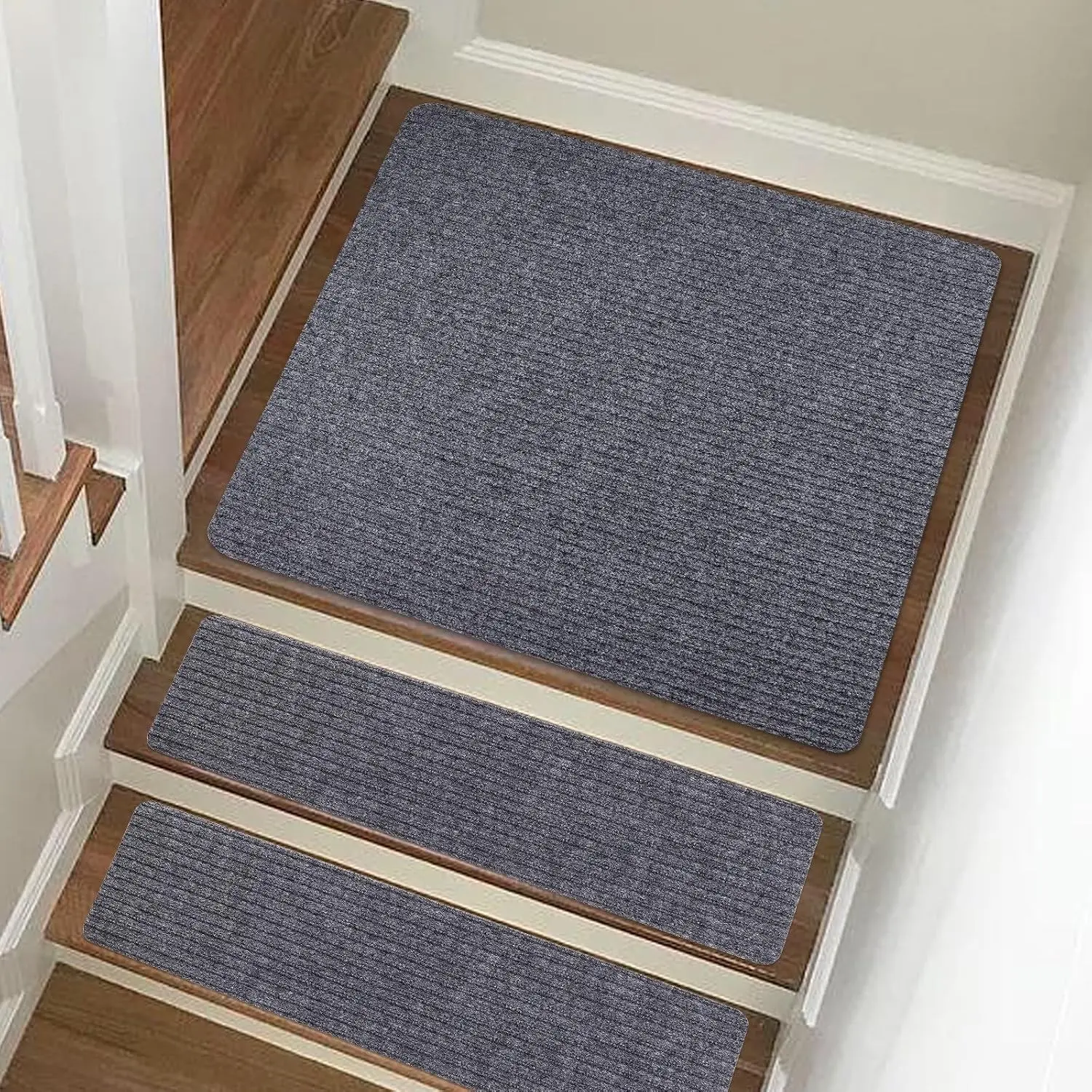 Grey Slip-Resistant Synthetic Fiber Carpet Stair Tread Mat - 31in x 31in Landing Rug, Matching Single Mat, Modern Raised Stripes, Safety-Focused Household Textile for Home Interiors
