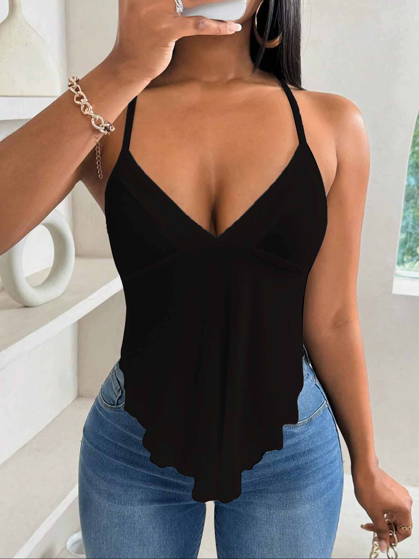Women's Plain Lace Up Backless Asymmetrical Hem Knitting Fabric Cami Top, Casual Sleeveless V Neck Top for Summer, Ladies Clothes for Daily Wear, Womenswear