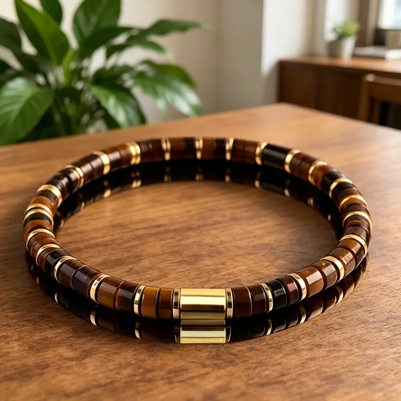 Men's Natural Tiger Eye Stone Bracelet - Handmade Golden-Tone Beads with Tiger's Eye, Strength & Success Symbol, Suitable for Daily Wear, Parties, Christmas Gifts, Year-Round Versatile Accessory for, Husband, Boyfriend
