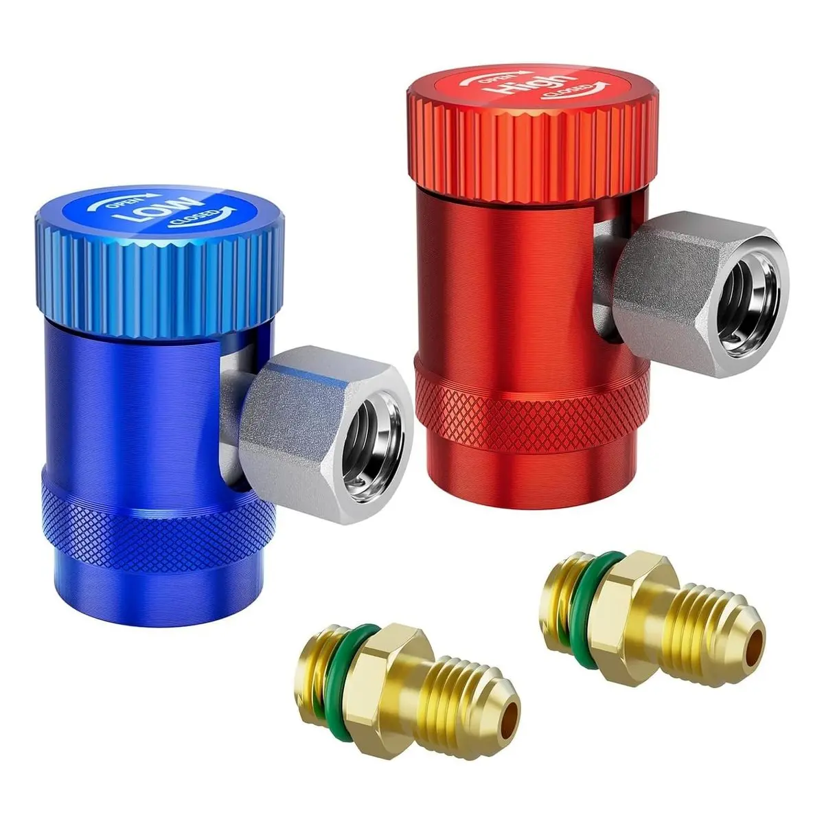 R1234YF Adjustable Quick Coupler Adapter Set (2-Pack) - AC Recharge & Repair Tools, 1 x R1234YF High Side Coupler, 1/4-Inch Male Flare, M12x1.5 Thread, Snap Lock, 2.3in (57mm) Seal, Aluminum Bronze Automotive AC Line Connectors, Satisfaction Guaranteed, 1