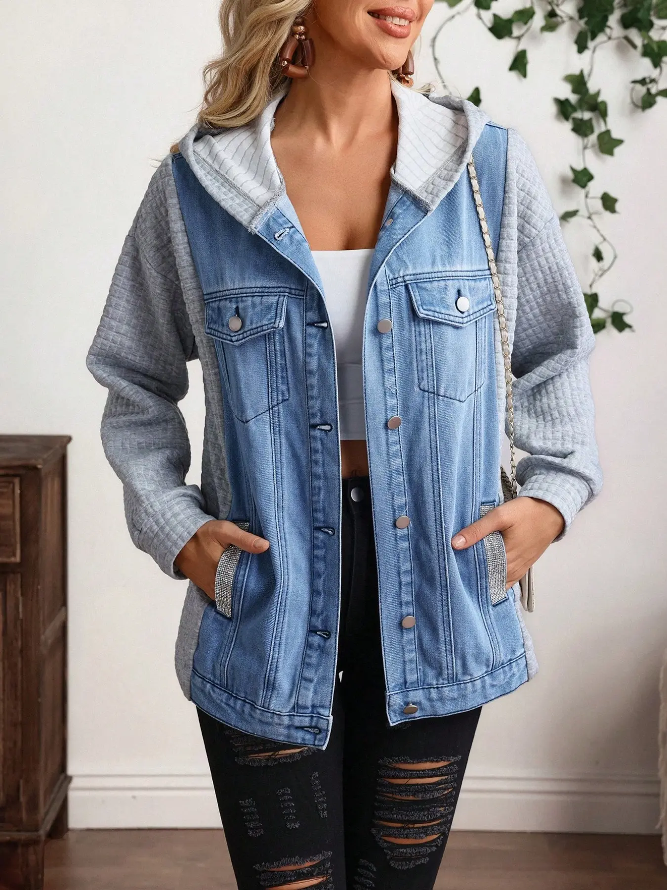 Women's Casual Patchwork Knit Hooded Denim Jacket, Loose Fit Fake Two-Piece Denim Coat, Essential for Fall Winter, Perfect for Daily Outing