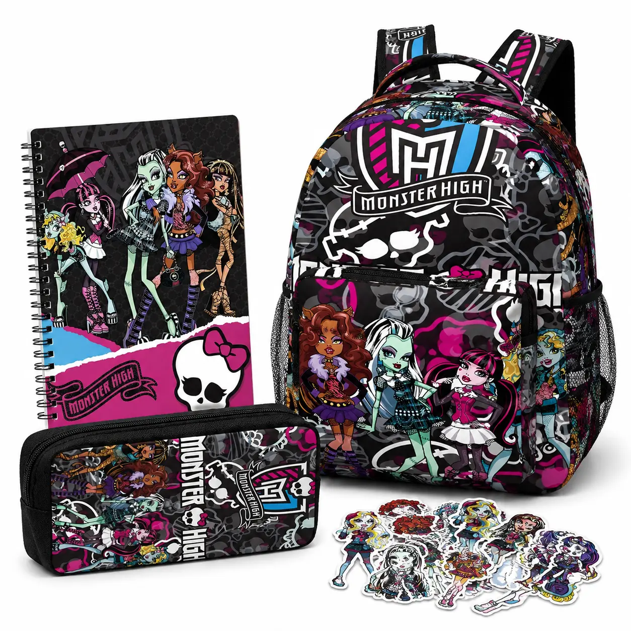 Monster High Backpack Kids School Backpack Sets for Girls Boys Teens,Kawaii School BoobBag with 1 Pecnil Box, 1 Notebook and 50pcs stickers,Cute Book Bag School Suppluies Sets for Girls Elementary Middle School Teens