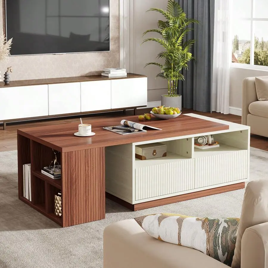 European Modern MDF Wood Extendable Coffee Table with Extensible Length - Rectangular Living Room Center Table, 2 Storage Drawers, Reversible Tabletop, Storage Shelves (White & Walnut)