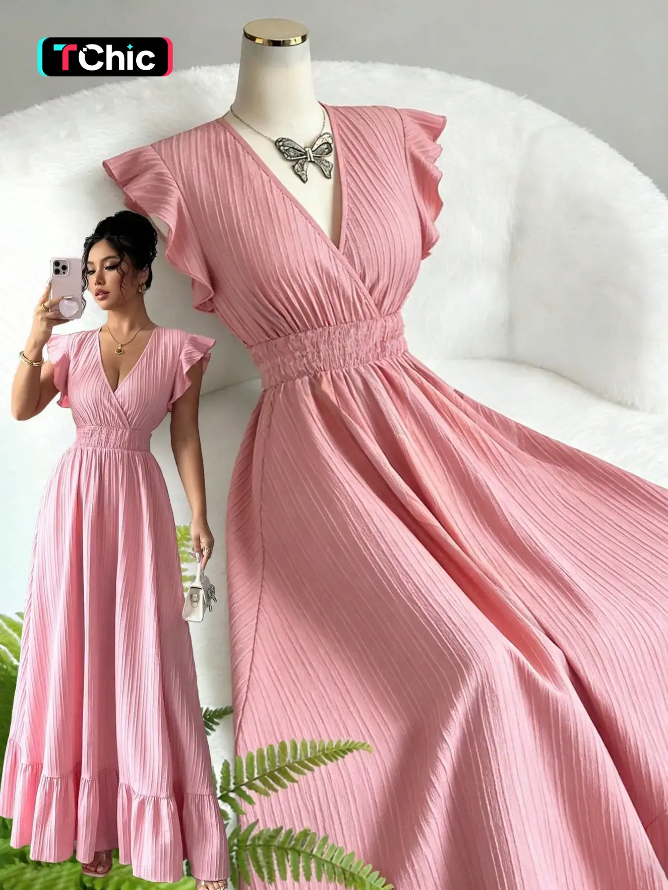 Elegant French Style V-Neck Ruffle Waist Dress, High-Waisted Slimming Long Dress, Dresses For Party, Perfect for Vacation, Dates, Parties, and Events