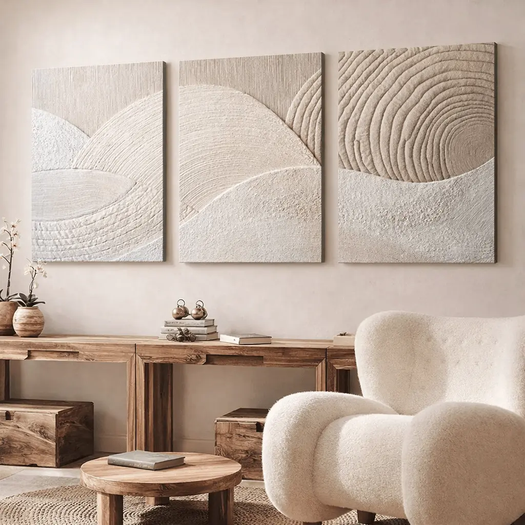 3-Piece Modern Abstract 2D Flat Canvas Wall Art Set - Artistic Beige & White Textured Prints, Simple Neutral Tones, Easy to Hang, Indoor Use for Living Room & Narrow Space Home Decor, Wall Decor