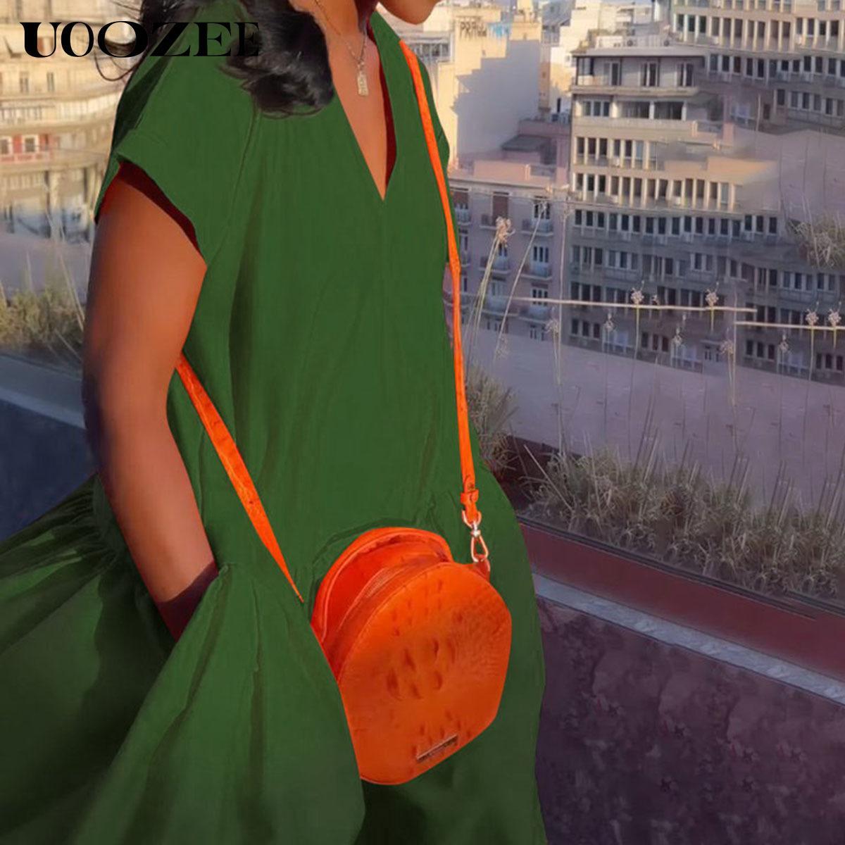 UOOZEE Women's Bright Chic Loose Short Sleeve Pleated Pocket Solid Color Slit V-Neck Maxi Dress Summer Casual Basic Cotton Blend Machine Washable Holiday Dress Womenswear Minimalist (Size is one size larger, it is recommended to order one size smaller)