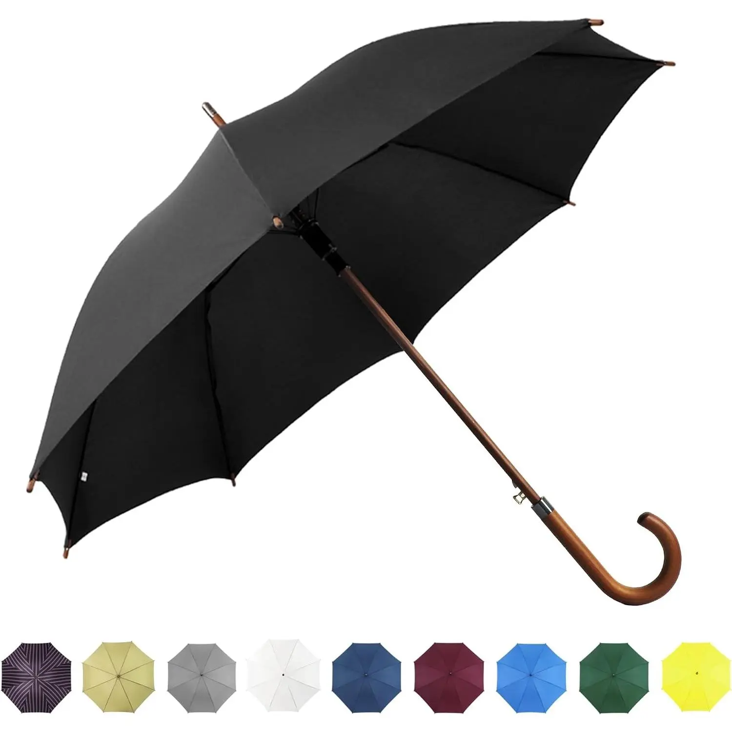 48" Black Umbrella – Stick Windproof Large Umbrellas for Rain, Automatic Open for 2 Persons, Classic Wooden Handle, Durable Travel & Wedding Vintage Cane Umbrella for Men & Women(Black)