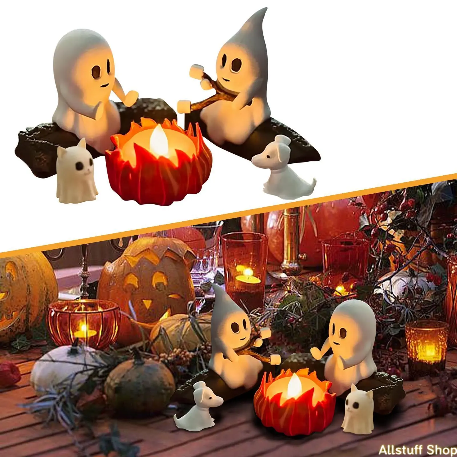 Spooky Ghost Shape Resin Tabletop Centerpiece - Fire Pit Ornament with Glowing LED Light for Halloween Decoration, DIY Bag Accessories
