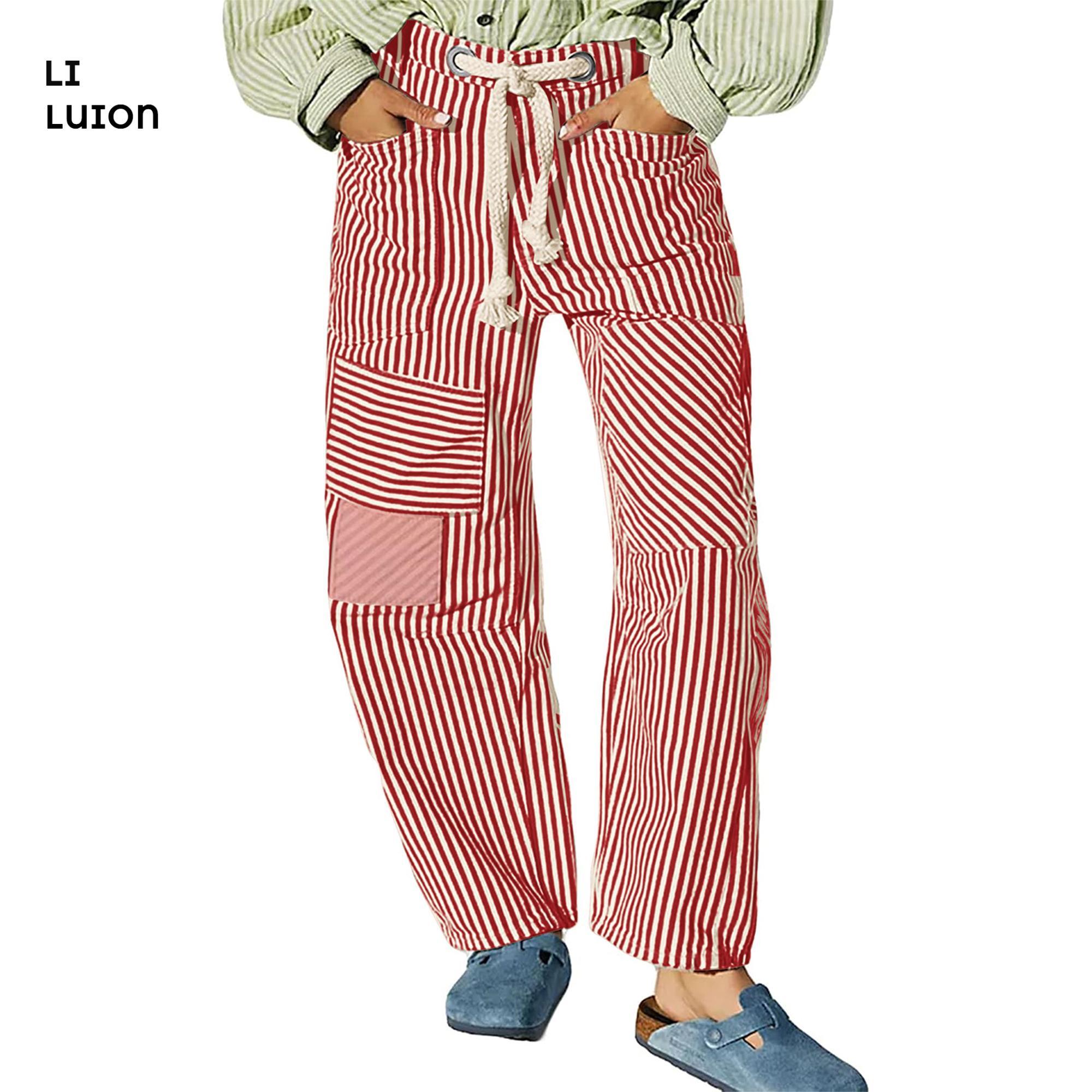 Women Striped Pants, Elastic Waist Drawstring Patchwork Wide Leg Pants Loose Trousers with Pockets