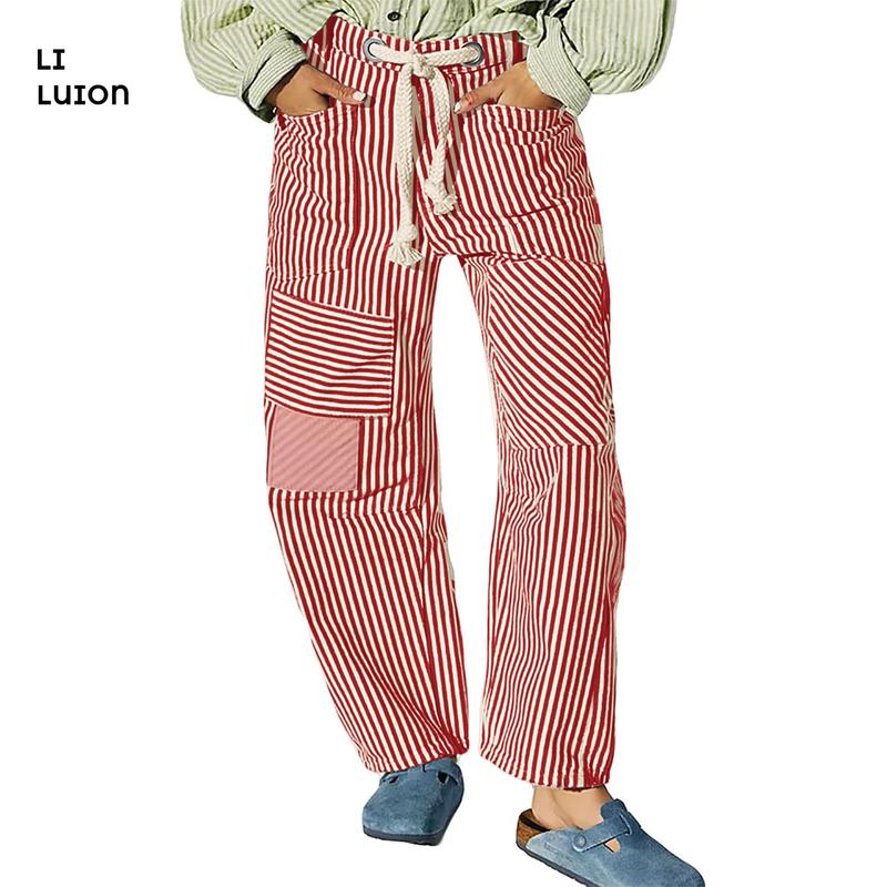 Women Striped Pants, Elastic Waist Drawstring Patchwork Wide Leg Pants Loose Trousers with Pockets