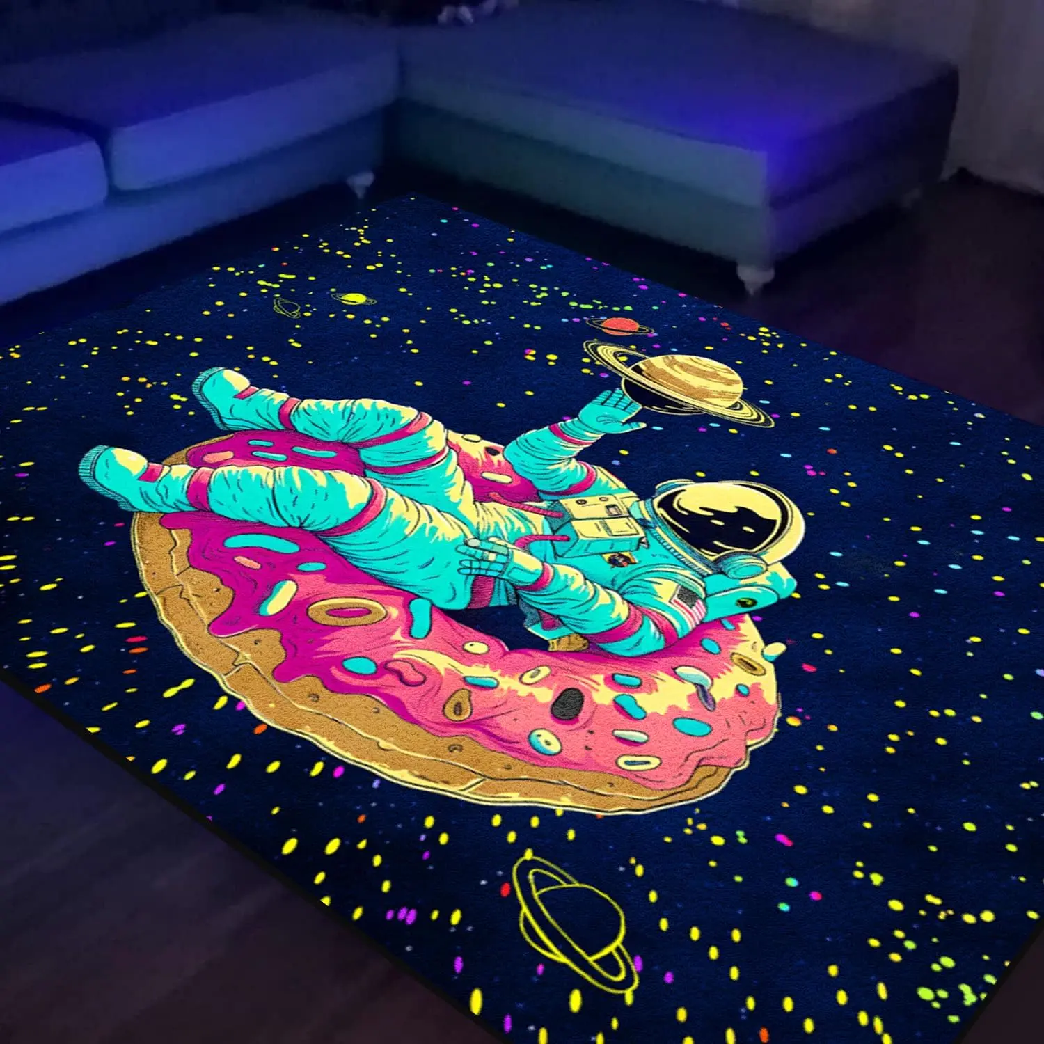 Astronaut Area Rug Black Light, Large UV Reactive Glow in The Dark Space Rug, Non-Slip Fluorescent Rug for Bedroom Living Room  Decor 70"×"×0.39"