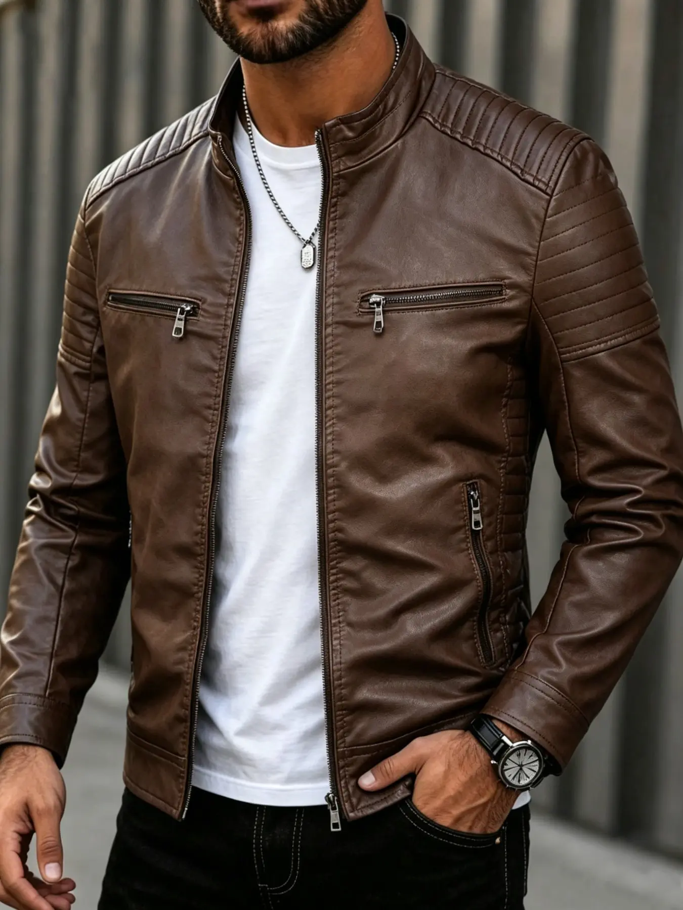 Men's Leather Jacket Spring Fall 2026 New American Style Stand Collar Coat, Fashion Retro Slim Fit Punk Open Front Leather Jacket, Casual Street Outerwear