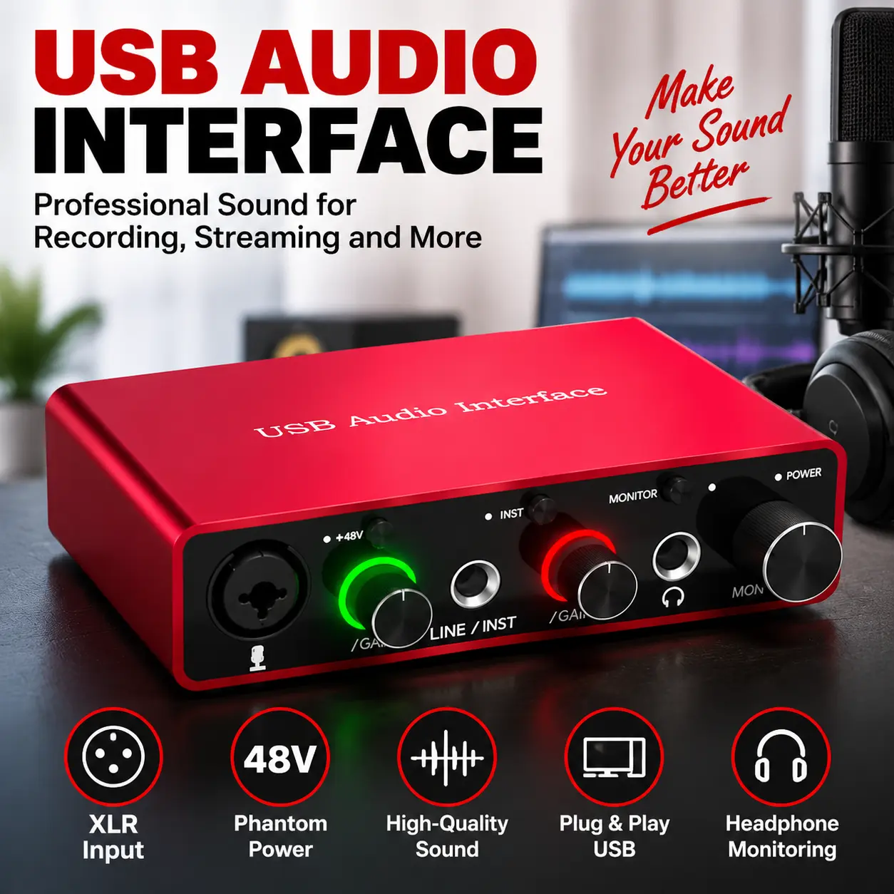 Digital Audio Interface with XLR Microphone Support, 48V Phantom Power Supply and High-Quality Audio Conversion, USB Recording Mixer for Streaming, Singing, Podcasting and Music Creation