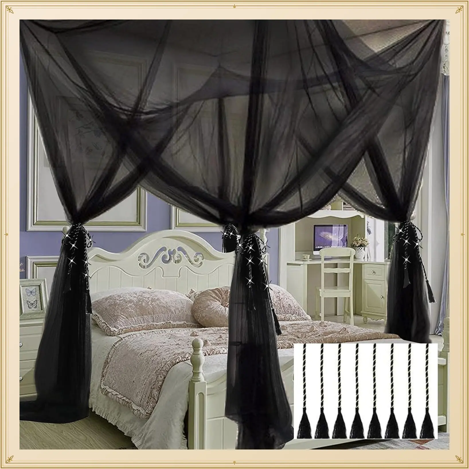 Bed Canopy Mosquito Net for Full Queen King Size Bed, Black Lace Canopy Curtains for Patio, Mosquito Netting Tent Room DecorGift