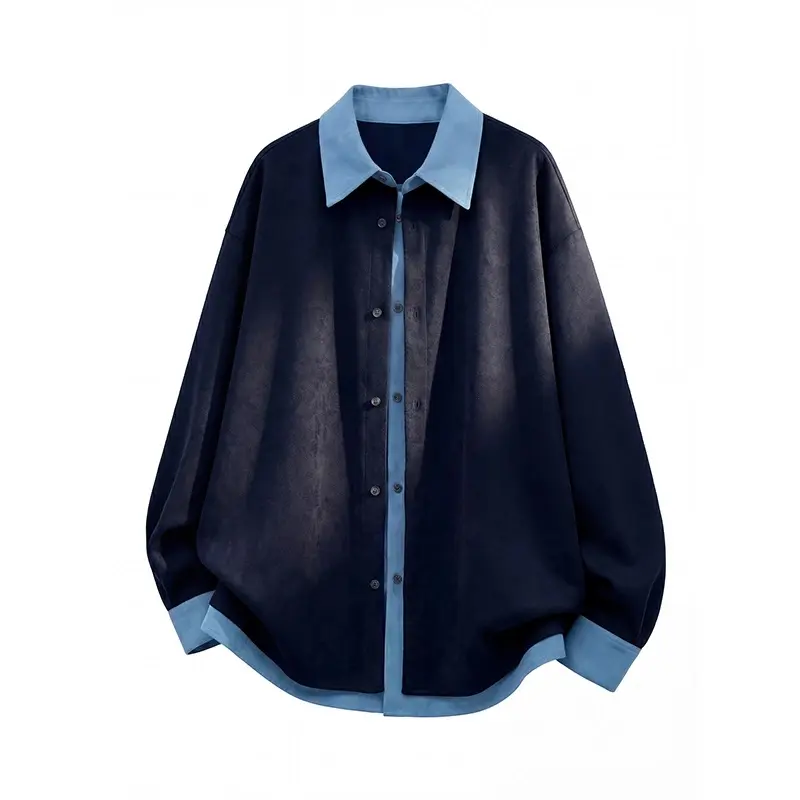 Men's Color-block fake two-piece collared shirt jacket, double-layer spliced design, relaxed dropped shoulder cut, versatile casual shirt for spring and autumn, commuter layering top, multiple colors available.