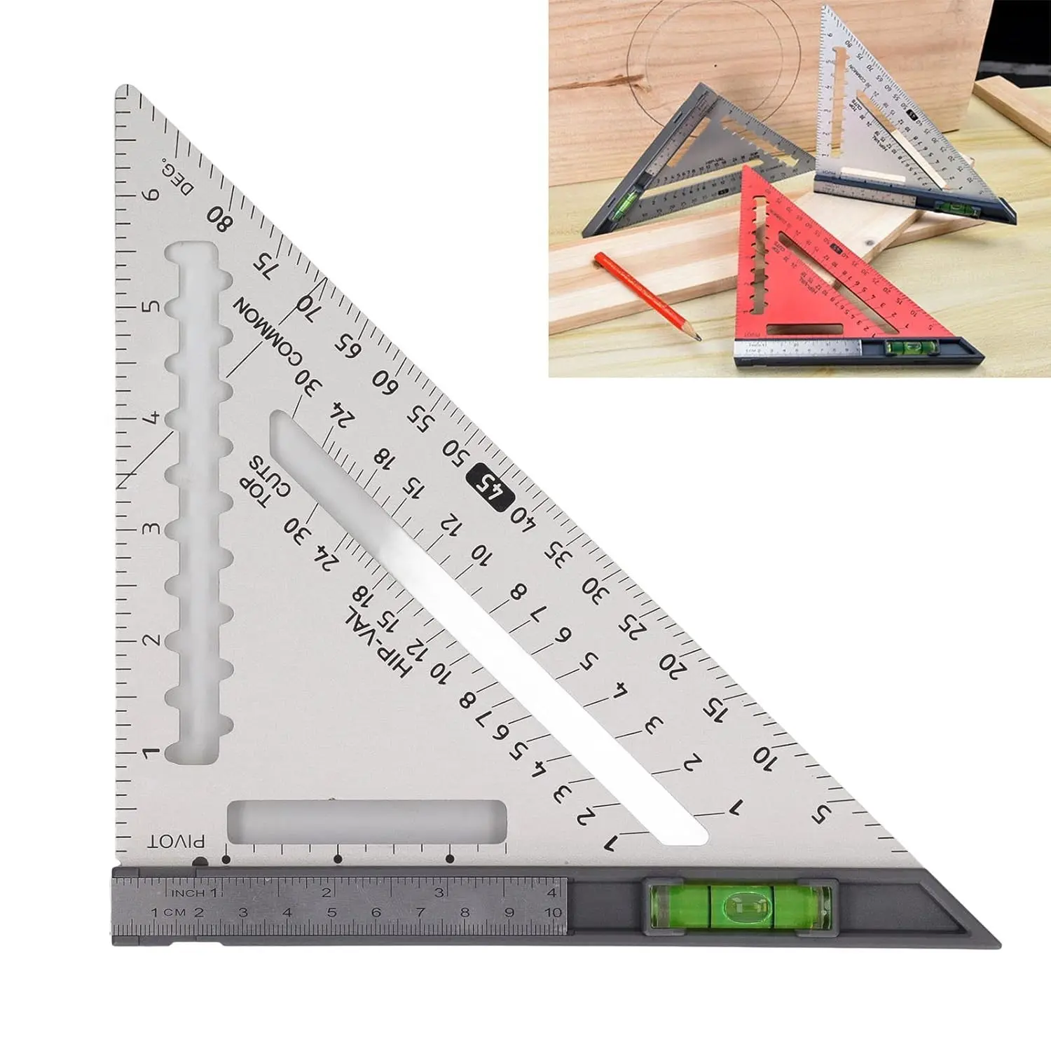 7 Inch Aluminum Alloy Woodworking Triangle Ruler with Level, Silver Color Carpenter Measuring Tool