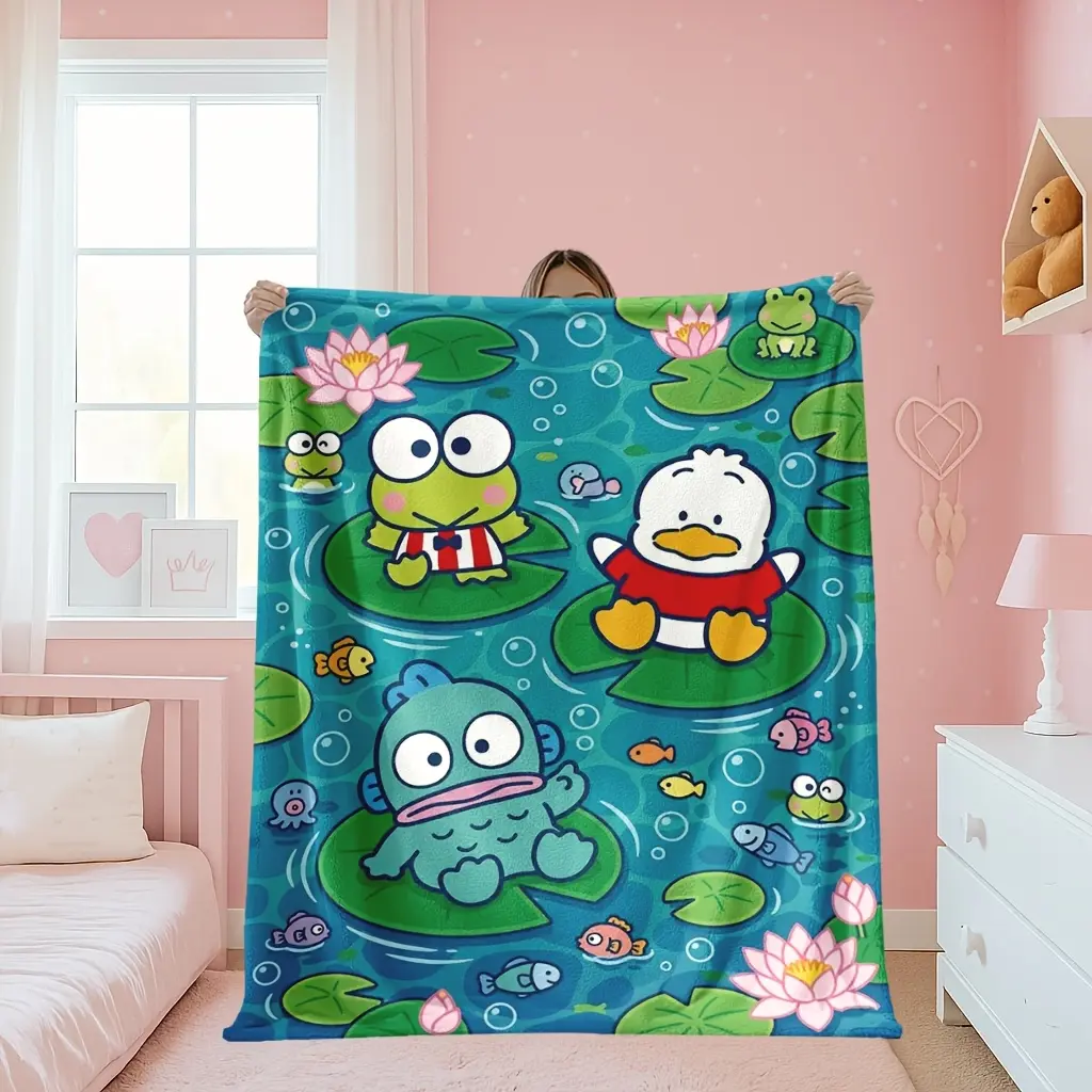 Sanrio Full Scene Keroppi Pekkle Hangyodon Lotus Pond Water Bubbles Blue Background Flannel Throw Blanket Fresh Summer Aquatic Anime Fan Soft Warm Blanket Gift for Teen Girls All Ages