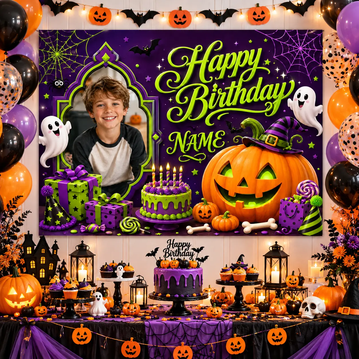 Custom Photo & Name Halloween Backdrop - Polyester Photo Customizable Hangable Banner, Artificial Pumpkin Festive Backdrops & Banners for Children's Parties, Purple, Green, Ghosts, Spider Web, Cake Gift Decor (Pumpkin Decorations, Festive Home Supplies)