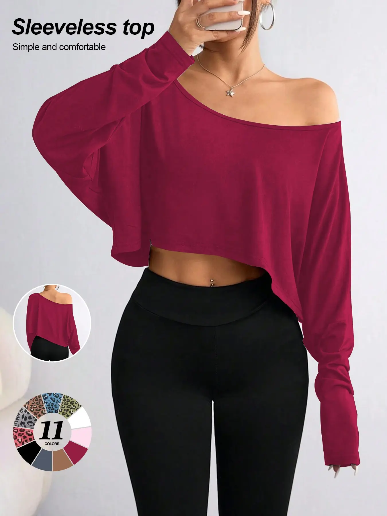 Off-The-Shoulder Batwing-Sleeve Cropped Top, Loose Drop-Shoulder Long-Sleeve Boat-Neck Tee, Trendy Slimming Casual Crop Top for Daily Wear Blouse Shirts Women Womenswear Fit Chic