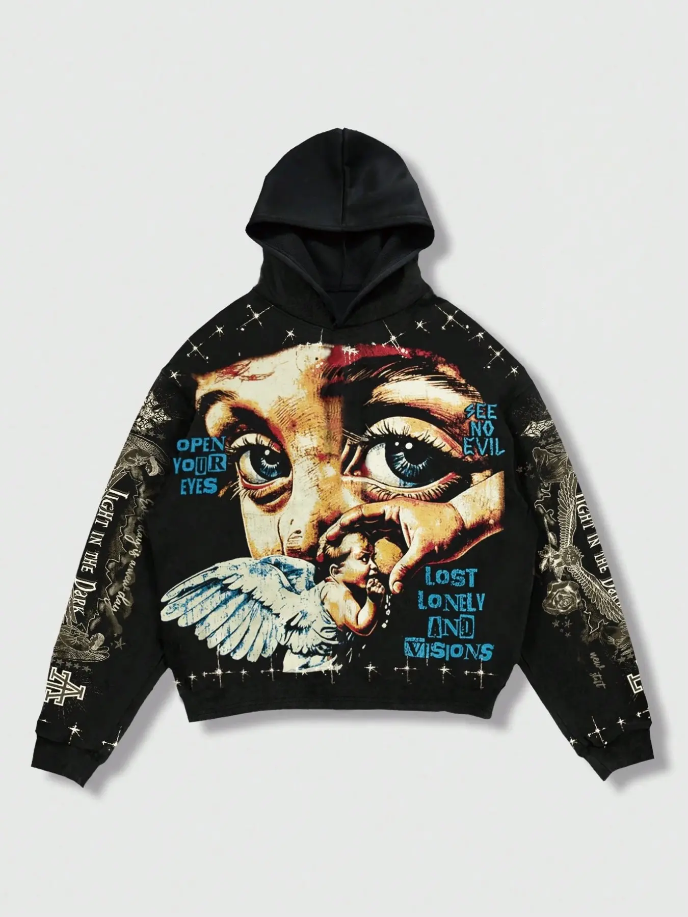 Men's Fall Winter Bestselling Zipper Hooded Jacket, Vintage Portrait Angel Dove Eye Print, Casual Loose-Fit, All Seasons