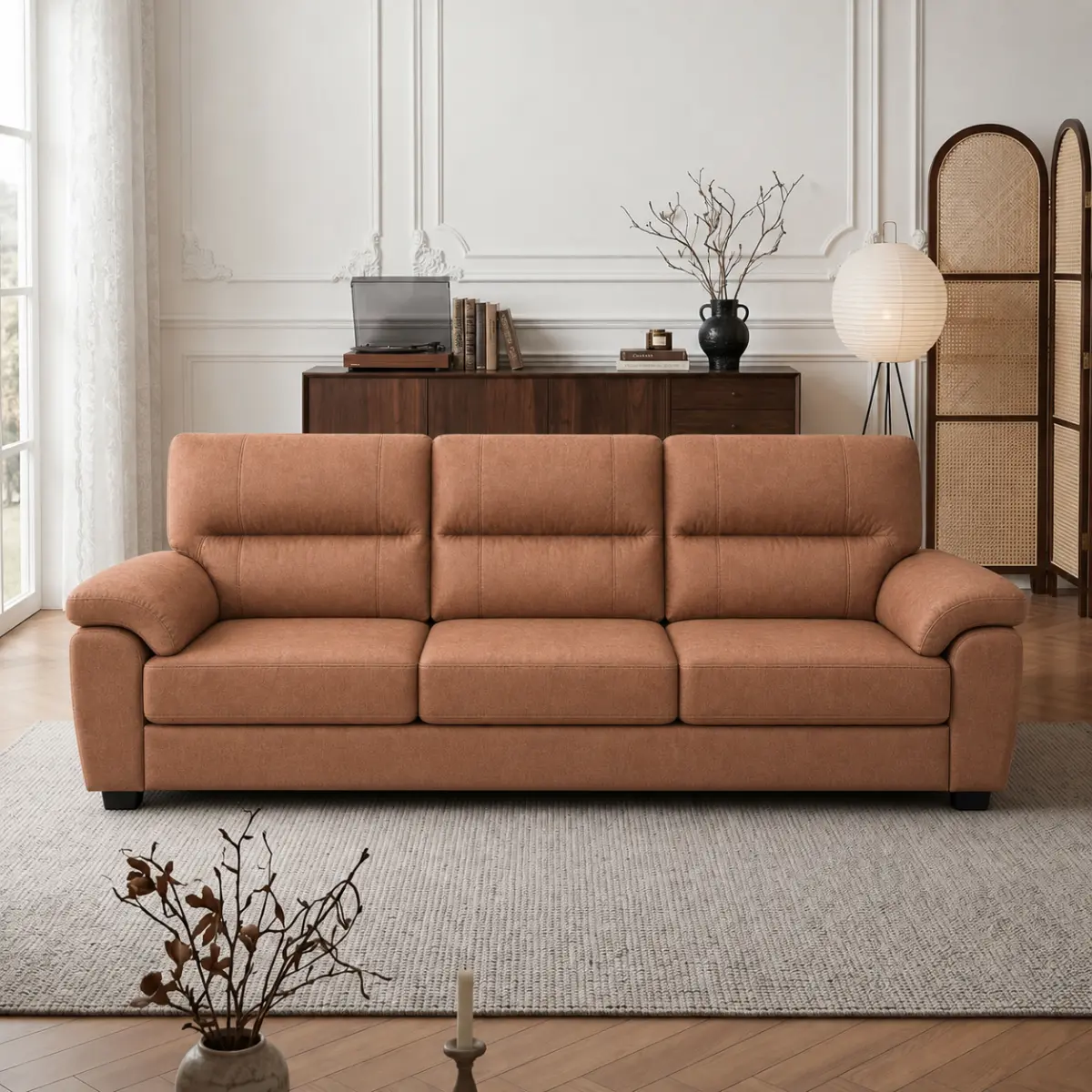 3 Seater Sofa Couch, Modern Couches with Arms and Deep Seats, Fluffy Comfort for Living Room, Apartment, Easy Assembly, Brown