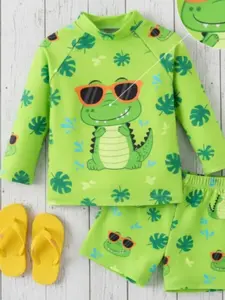 Lime Green Sunglasses Crocodile Palm Leaf All Over Print Long Sleeve Boys Rash Guard Matching Swim Short Set, Thin Light Elastic Breathable Gentle Skin Soft UPF50+ Sun Protective Outfit, LA Tropical Coastal Trend For Boys Surf Pool Summer Water Activity