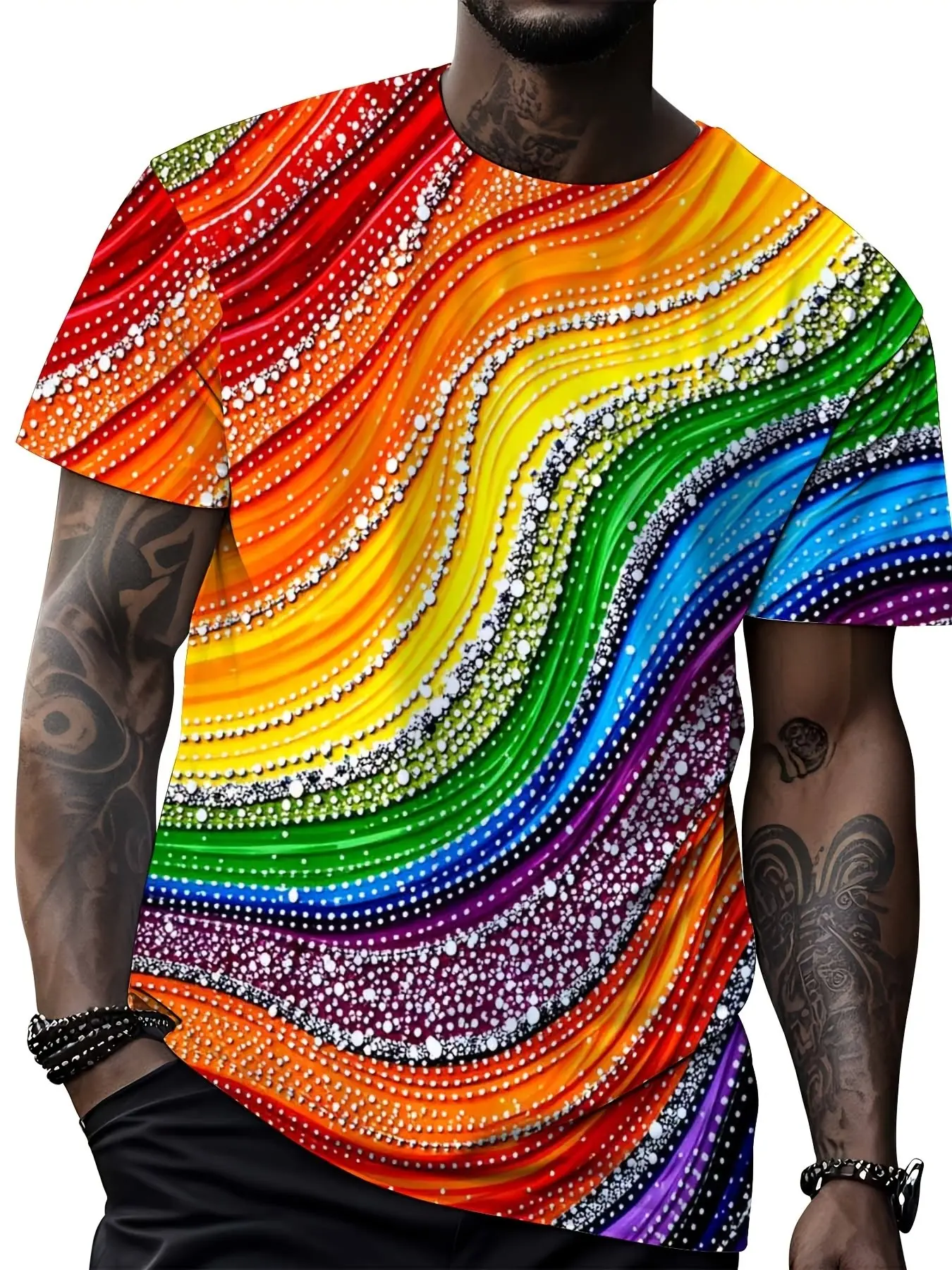 Rainbow Beaded Short Sleeve T-Shirt, Unisex Sequin Print Top, Multicolor Gradient Fashion Shirt, Casual Style, No Collar, China Made