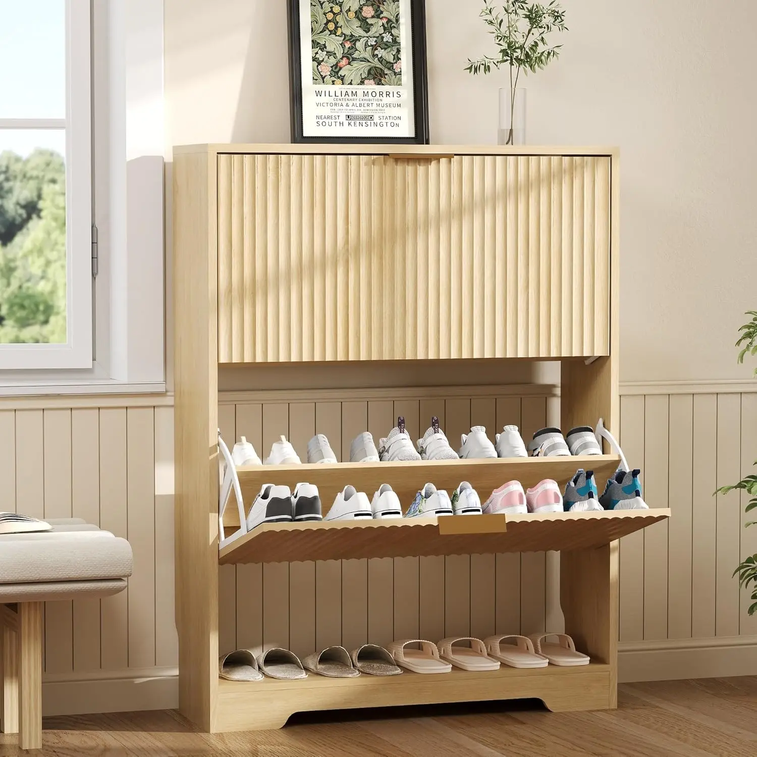 Shoe Storage Cabinet with 2 Flip Drawers,Slim Fluted Shoe Rack Cabinet with Open Storage,Wooden Hidden Shoe Rack Freestanding Narrow Shoes Organizer for Hallway, Entrance,Foyer