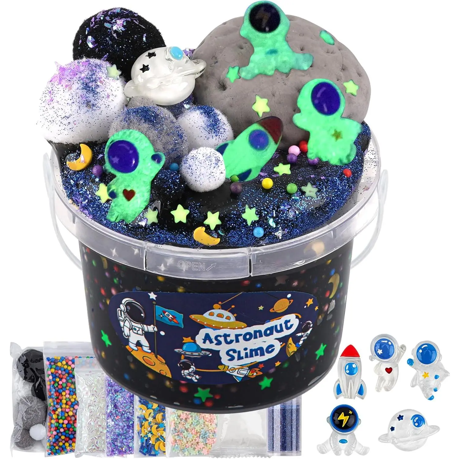Unisex Astronaut Galaxy Glow-in-the-Dark Sensory DIY Toy Kit with Big Bucket Slime Clay - Pink, Blue, Yellow Slimes for 8-12 Year Olds, Birthday/Easter Party Favors, Pink Slime
