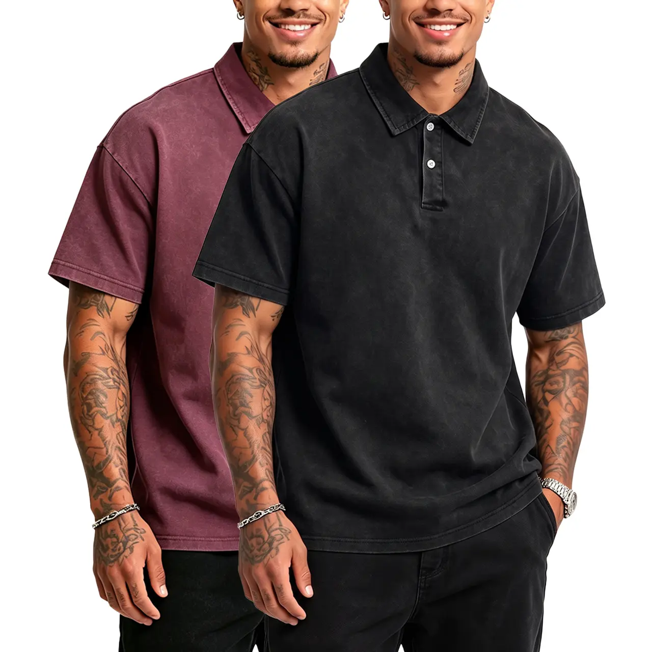 Men's Vintage Distressed Polo Shirt, Oversized Loose-Fit Short Sleeve Casual Streetwear in Solid Colors, 1 or 2 Pack, Menswear, Plain, Shortsleeve, Loose Fit Shirts, Clothes, Breathable Fabric, Collared Short Sleeve Polo Shirts