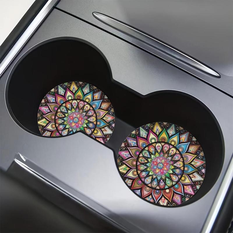 Mandala Flower Pattern Car Coaster, Round Anti-slip Car Cup Holder Coaster, Universal Car Interior Decoration Accessories for Women & Men, Car Trinkets Accessory, Car Interior Set, Car Interior Kit, Car Interior Decorative