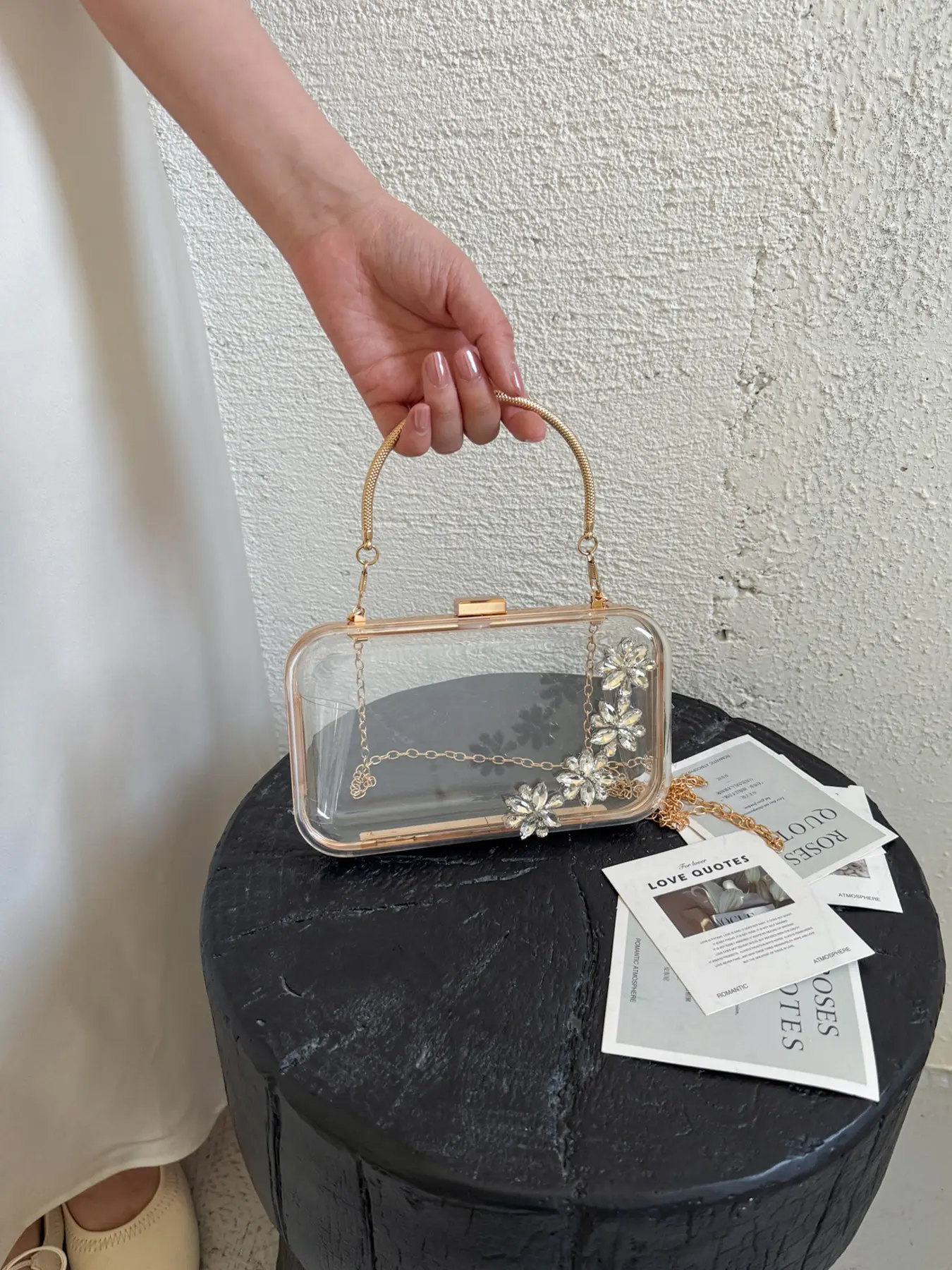 1pcTransparent acrylic box dinner handbag flower metal handle bag detachable gold chain crossbody bag wedding bride party banquet dress bag Elegant fashion handbag