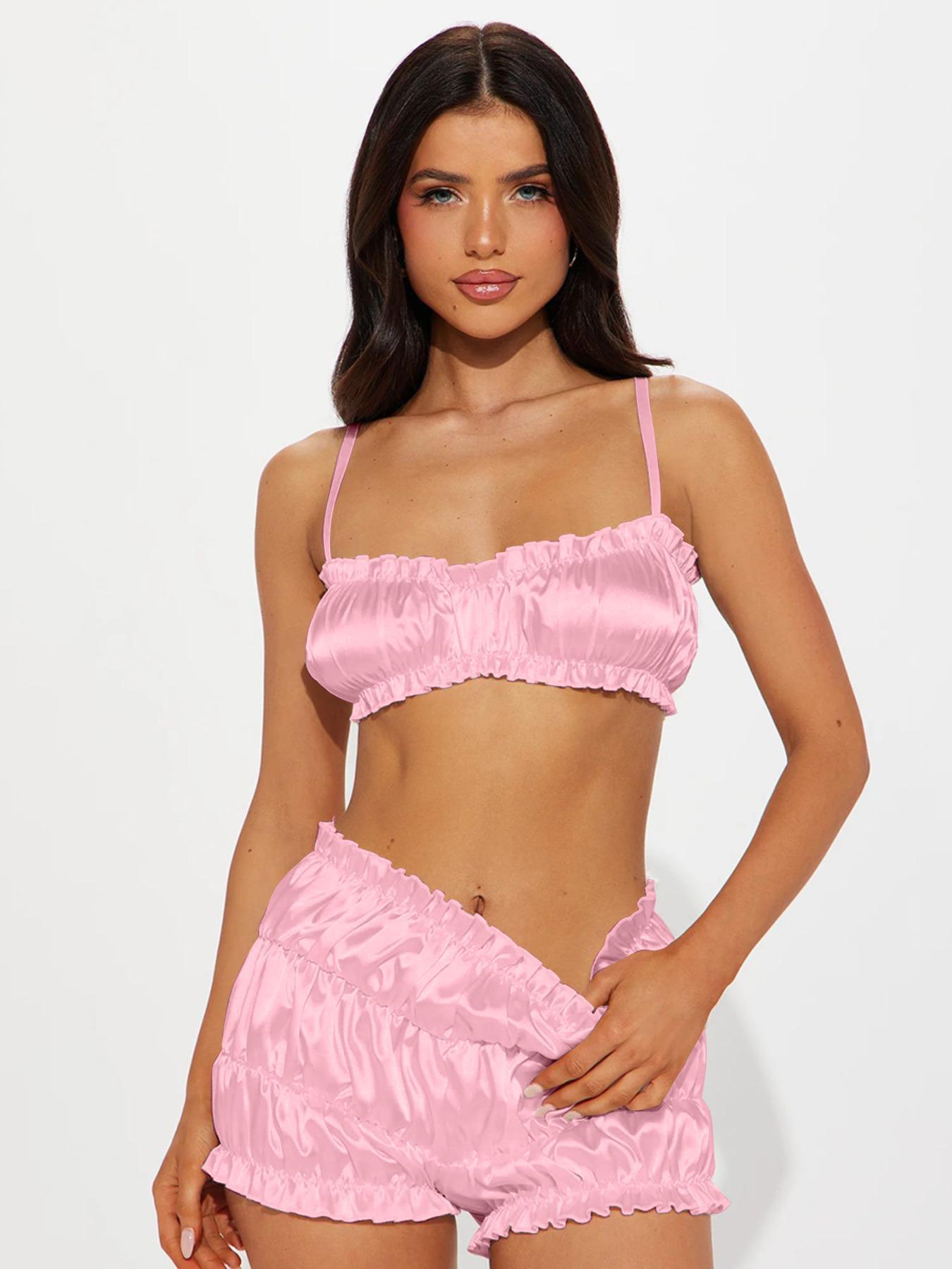 Women's Solid Frill Trim Crop Cami Top & Ruched Shorts Two-piece Set, Adjustable Spaghetti Strap Lingerie Top & Shorts Satin Set, Women's Clothes for Summer, Summer 2 Piece Set, Womenswear, Underwear, Lady