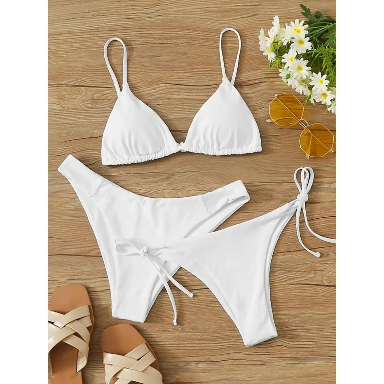 Solid 3-Piece Swimsuit for Women, Triangle Halter Top with a Low Rise Cheeky Thong and Tie-Side Cover Up, Sexy Beach Wear, Triangle Tops, Halter Neck, S, Female
