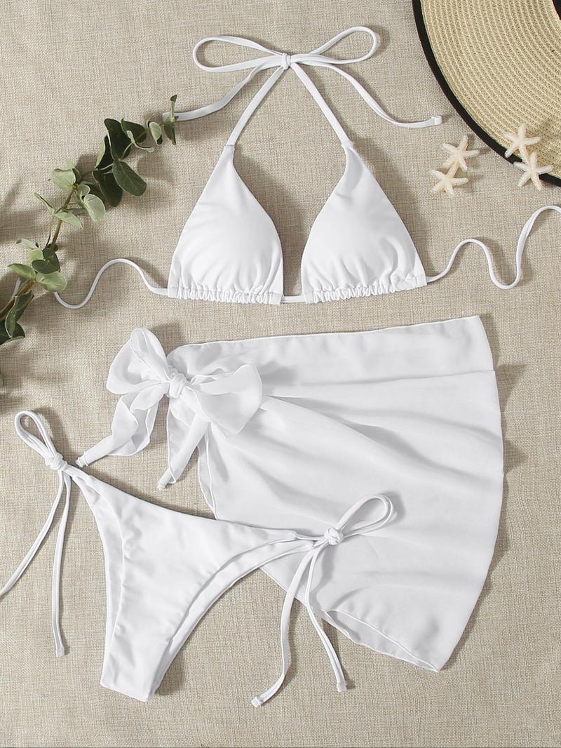 Three-Piece Set Women's Solid Bikinis Set,  Casual Padded Triangle Halter Swim Top & Tie Side Swim Bottom & Cover Up Skirt Set for Beach Holiday Vacation, Halter Bikini Swimsuit, Summer Outfits 2026