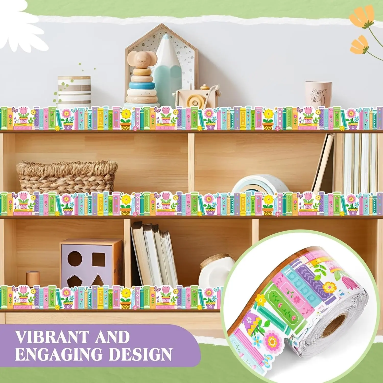 Colorful Book Flower Bulletin Board Border Stickers, Self-Adhesive Wall Decals for Kindergarten Classroom, Office Announcement Boards